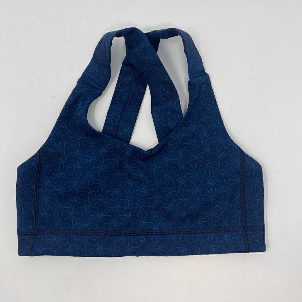 Lululemon Geometric Lantern Allover Print Cross Back Blue Sports Bra Size 4